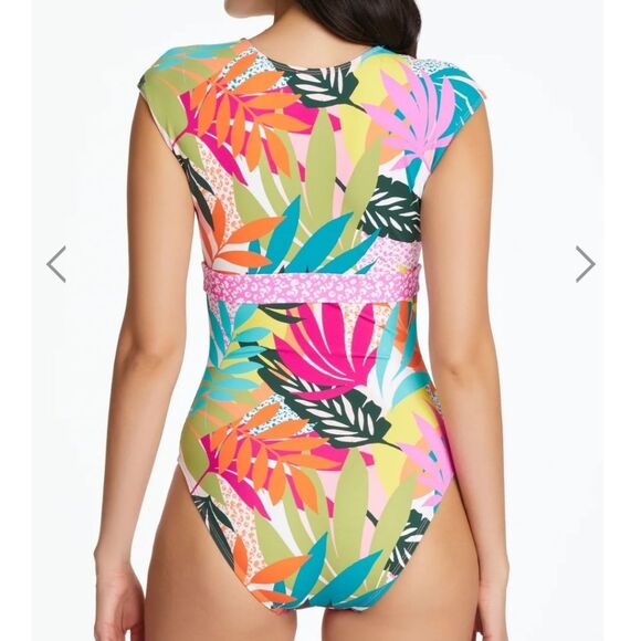 Bleu Rod Beattie Wild At Heart Cap Sleeve Plunge Neck Colorful Tropical Swimsuit - Picture 3 of 12